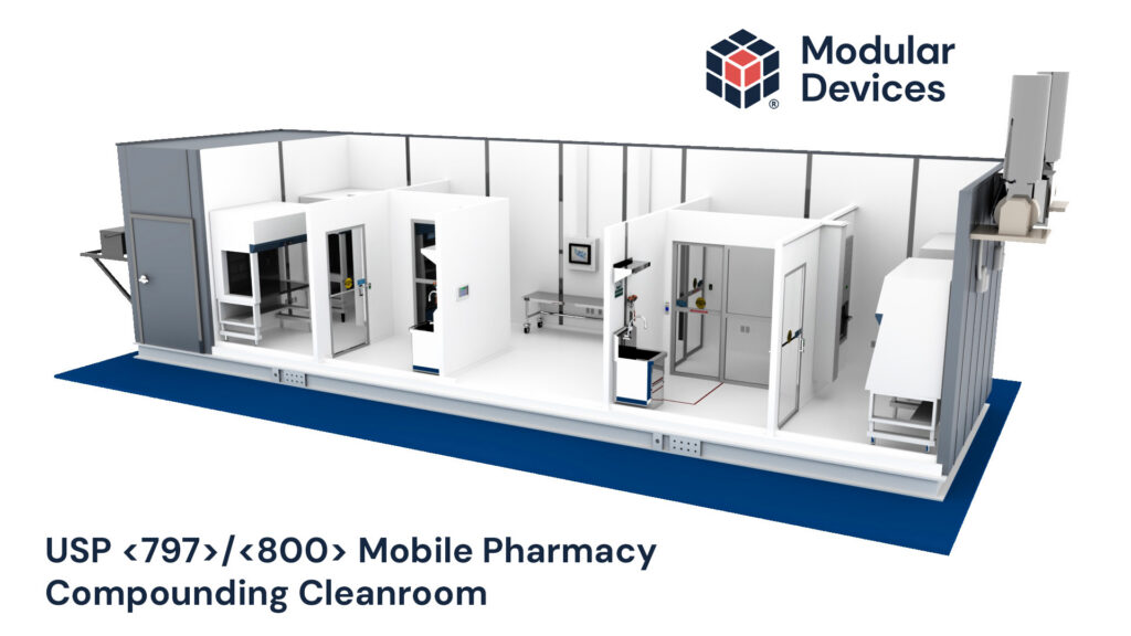 3D rendering of a modular mobile pharmacy compounding cleanroom with enclosed sterile workspaces, equipment stations, and the Modular Devices logo. Text reads: ‘USP <797>/<800> Mobile Pharmacy Compounding Cleanroom.’